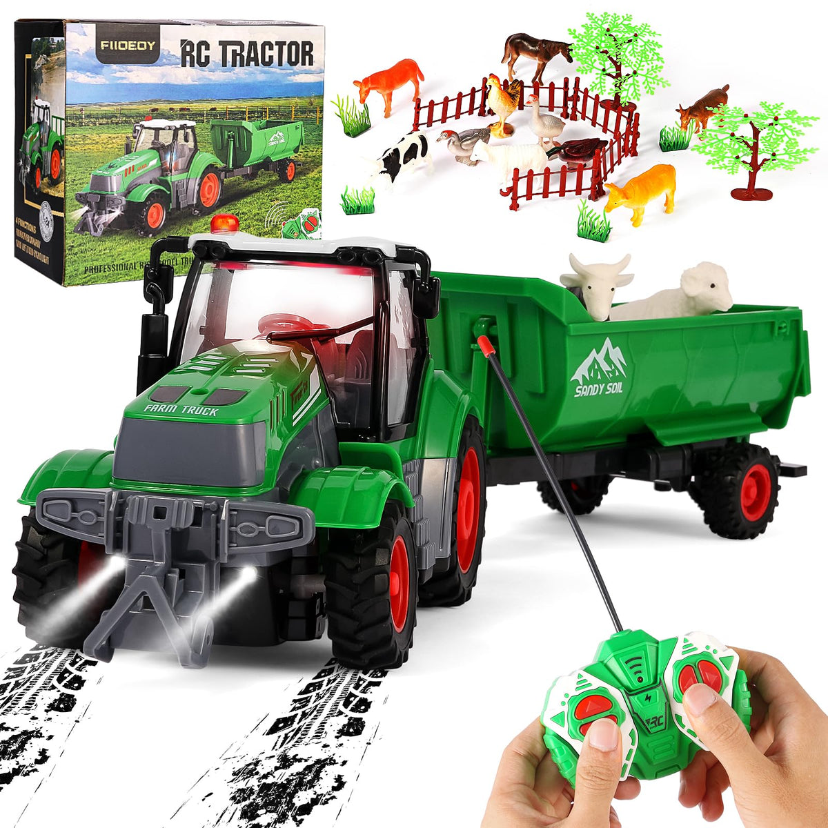 FIIOEOY Remote Control Tractor Toy 25pcs Farm Toys 16.8 Inches RC Tractor with Trailer Farm Animal Toys Farm Vehicle Toy Tractor Toy for 3-7 Year Old Boys Kids Birthday Gift