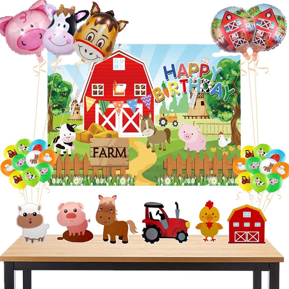 36 Pcs Farm Themed Party SuppliesIndoor and Outdoor Farm Animals 3D Table DecorationsInclude Farm Animals Centerpieces Farm Background Cloth and Balloons