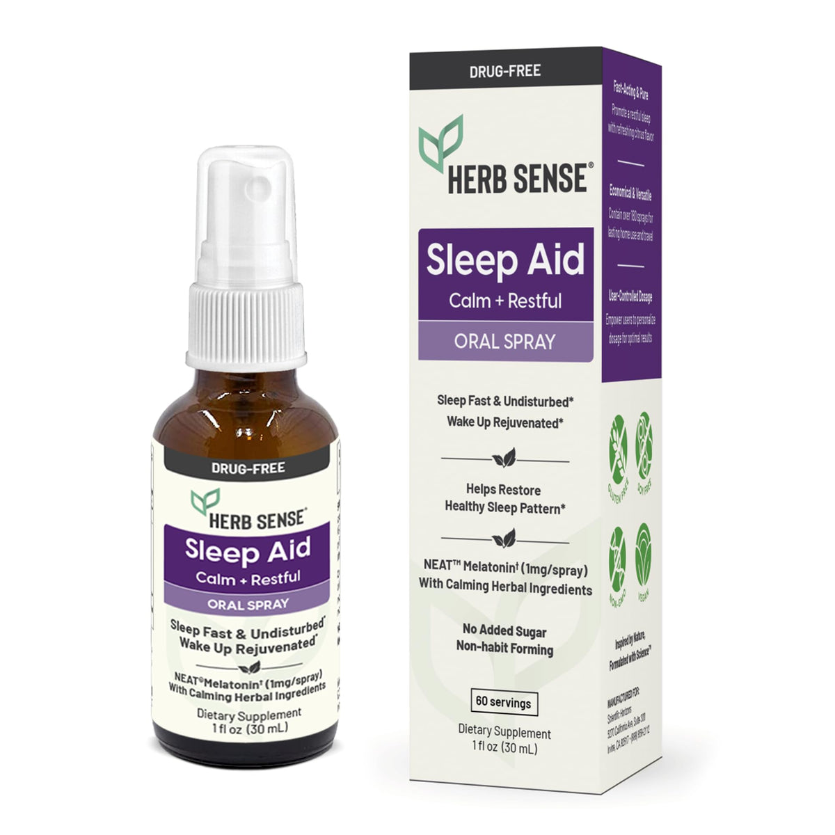 Herb Sense Sleep Aid Liquid Melatonin Natural Herbs Calm Restful Oral Spray1 oz Fall Asleep Fast & Undisturbed Restore Energy Drug-Free 60 Servings